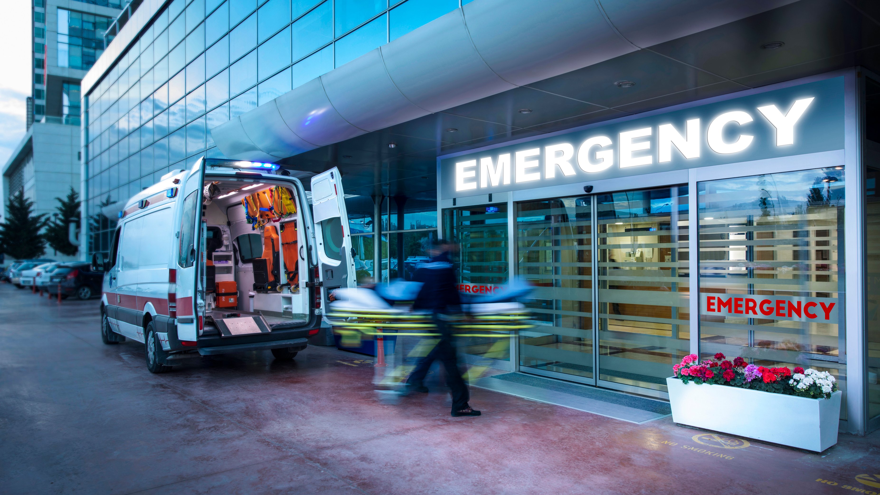 Ambulance parked in front of a hospital Emergency department