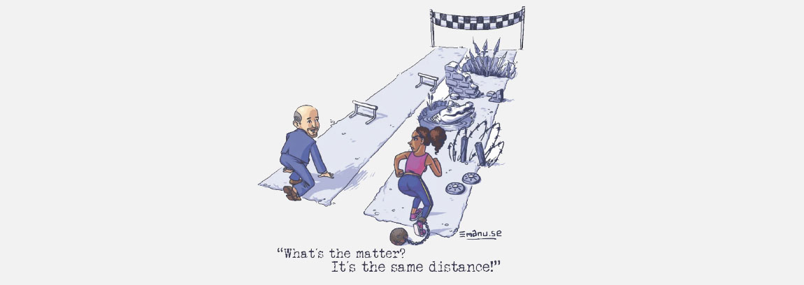 Cartoon depicting how racialized communities are at a disadvantage 