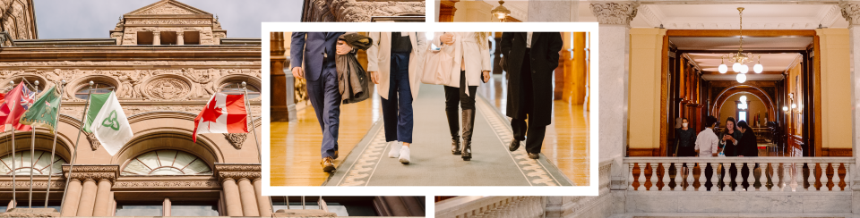 Collage of Queen's Park building, people walking inside of Queen's Park