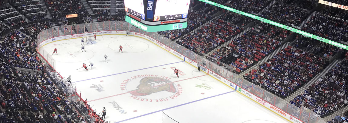 Aerial view of a hockey stadium during an Ottawa Senators game