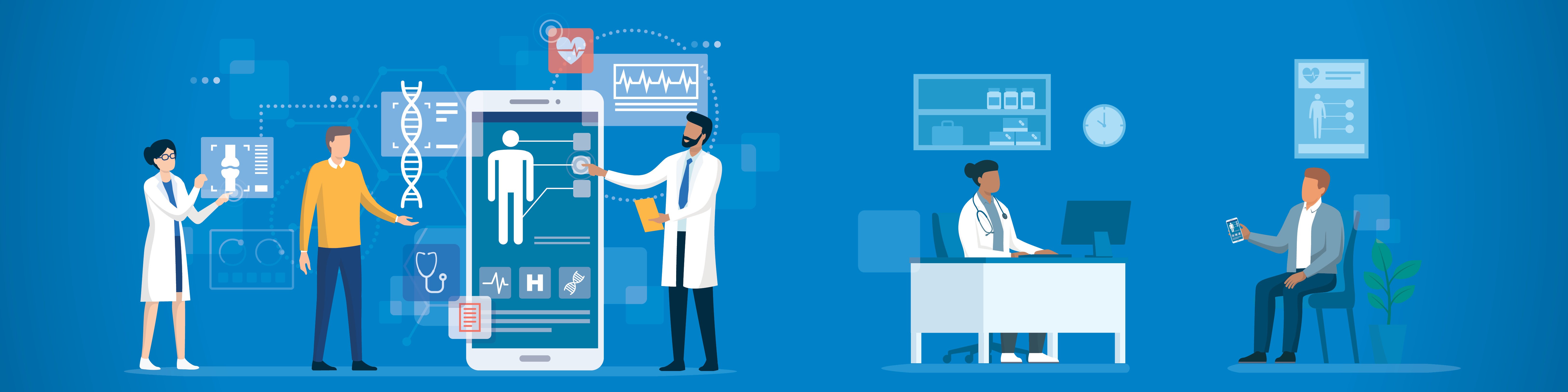 Graphic of a doctor sitting with a patient at a desk and looking at results on a mobile phone